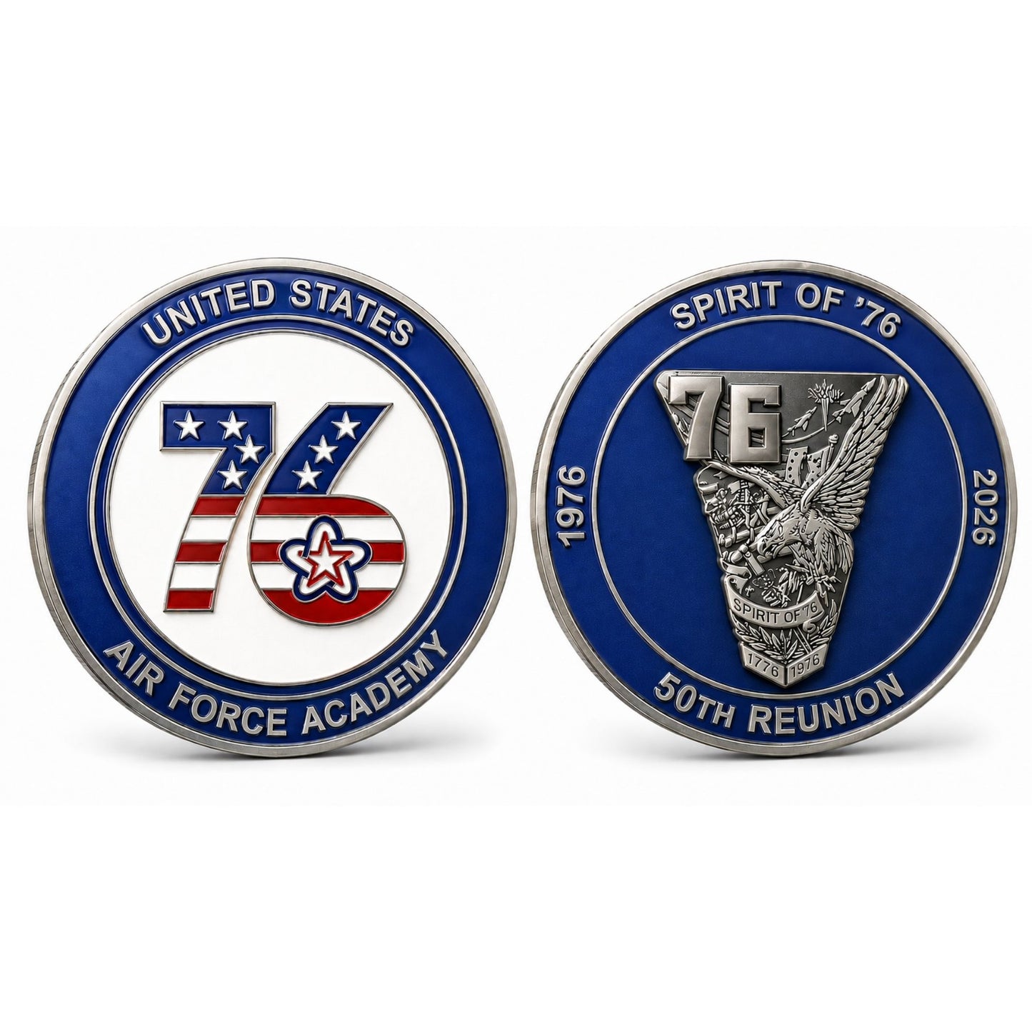 Front and reverse views of the USAFA Spirit of ’76 50th Reunion Coin featuring the patriotic 76 emblem and Class of 1976 crest.
