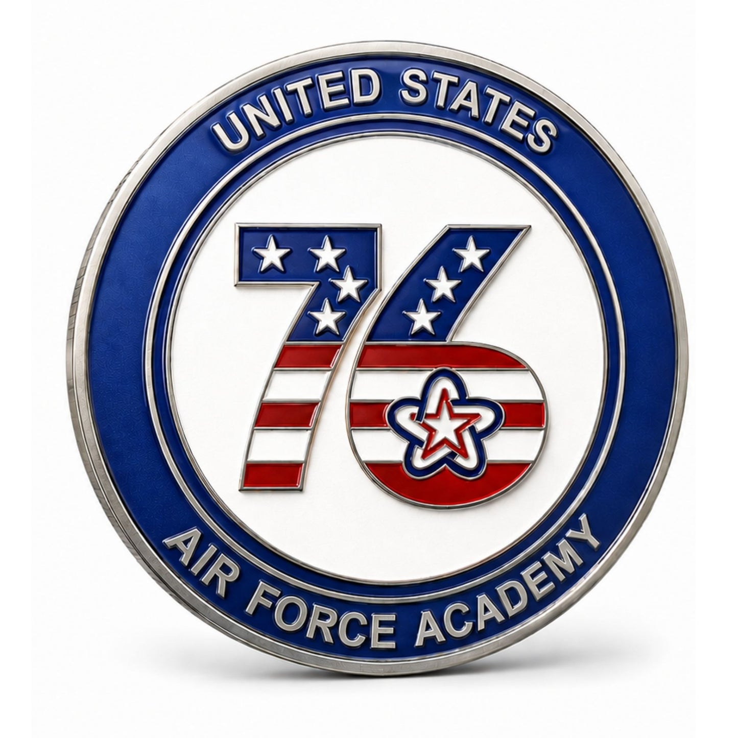 Front of the Spirit of ’76 50th Reunion Coin featuring a red, white, and blue 76 design and United States Air Force Academy lettering.