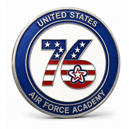 Front of the Spirit of ’76 50th Reunion Coin featuring a red, white, and blue 76 design and United States Air Force Academy lettering.