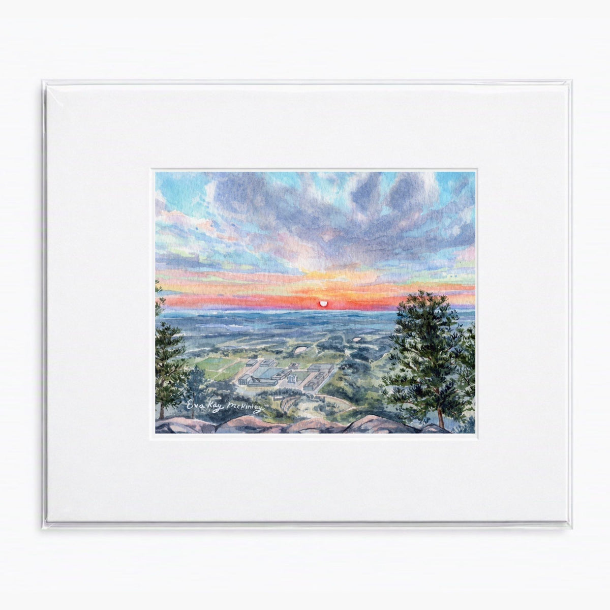 Matted Sunrise on Eagle’s Peak watercolor print featuring a colorful sunrise over the U.S. Air Force Academy.