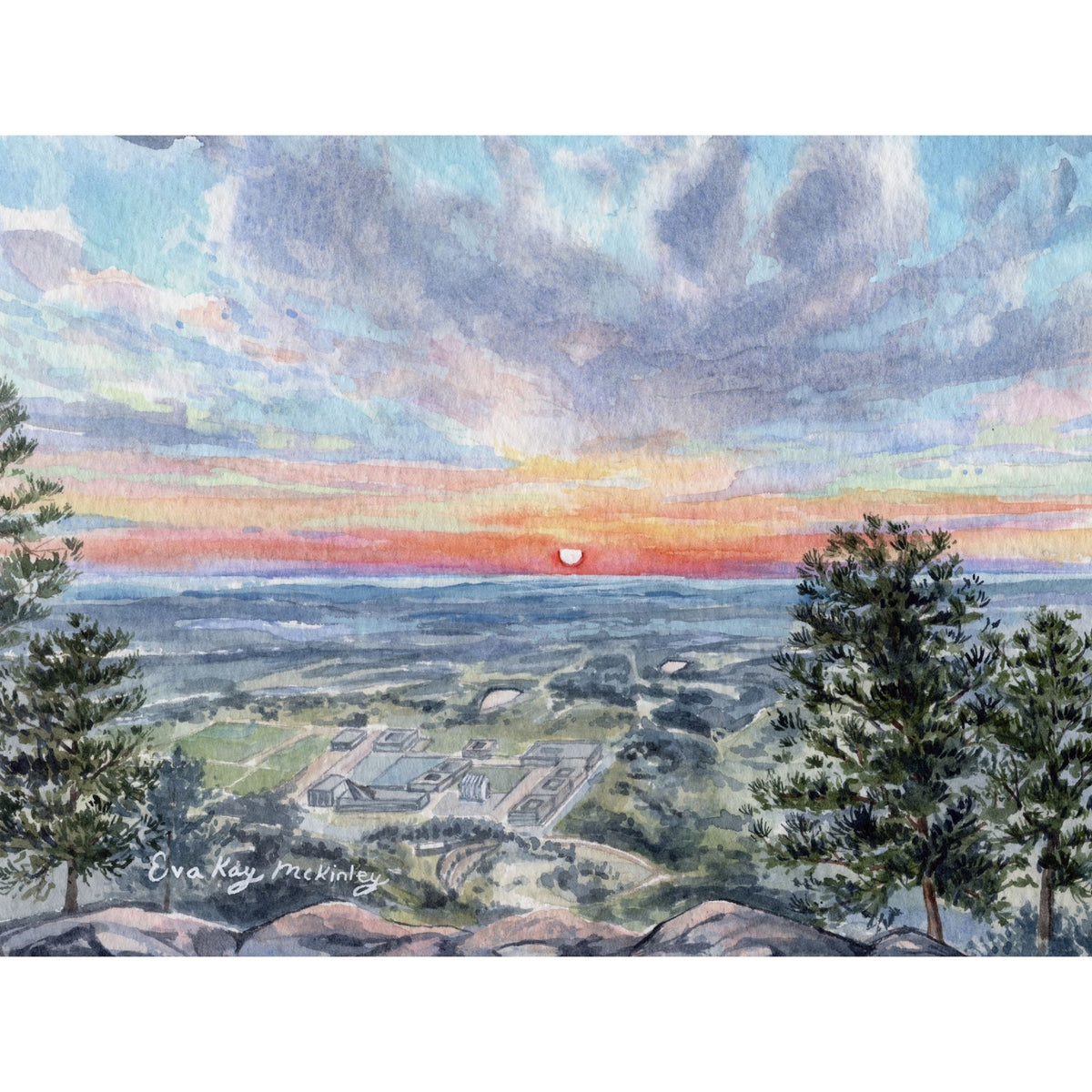 Watercolor view of a vibrant sunrise over the U.S. Air Force Academy from Eagle’s Peak.