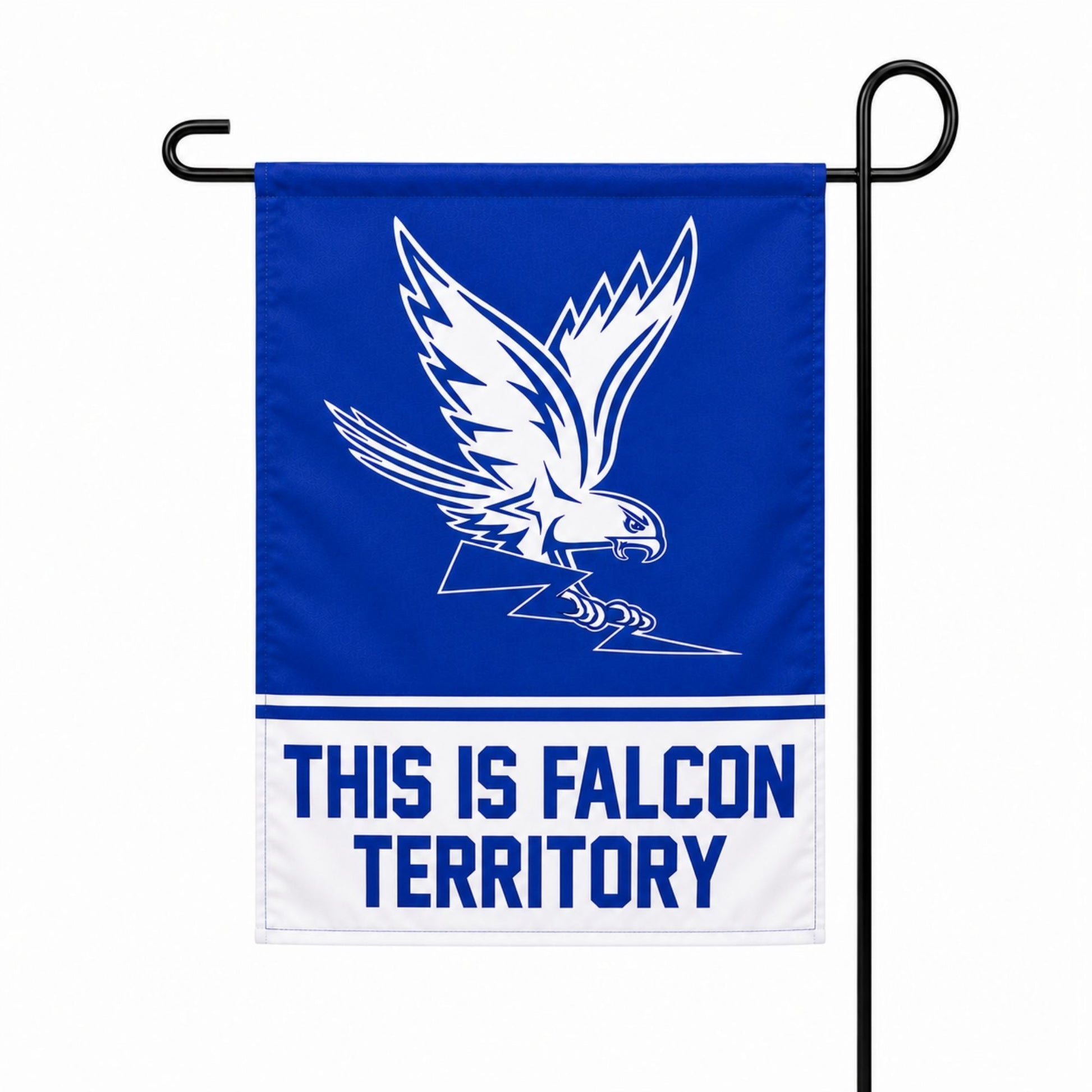 This Is Falcon Territory Garden & Window Flag featuring the iconic Air Force Academy falcon graphic in royal blue and white, displayed on a black garden flag stand.