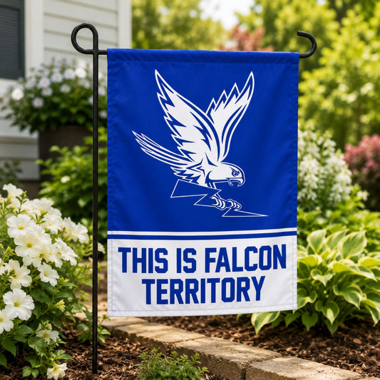 This Is Falcon Territory Garden & Window Flag featuring the iconic Air Force Academy falcon graphic in royal blue and white, displayed on a black garden flag stand.