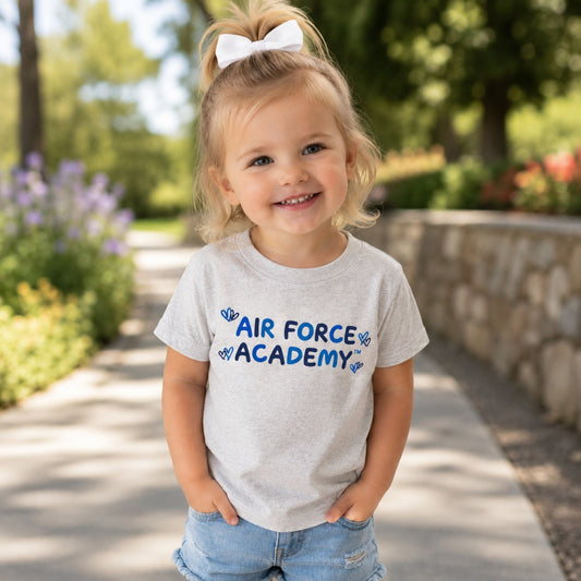 Toddler Air Force Academy Hearts Tee in light heather gray featuring a playful blue Air Force Academy graphic with heart accents.