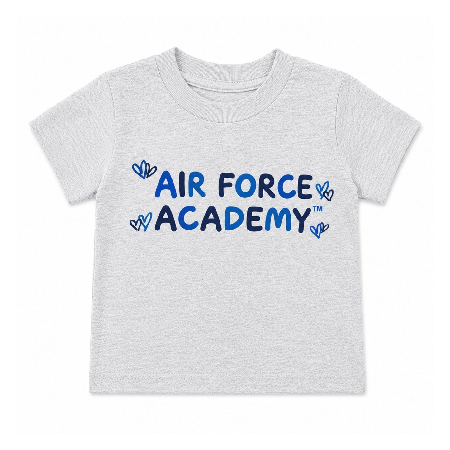 Toddler Air Force Academy Hearts Tee in light heather gray featuring a playful blue Air Force Academy graphic with heart accents.