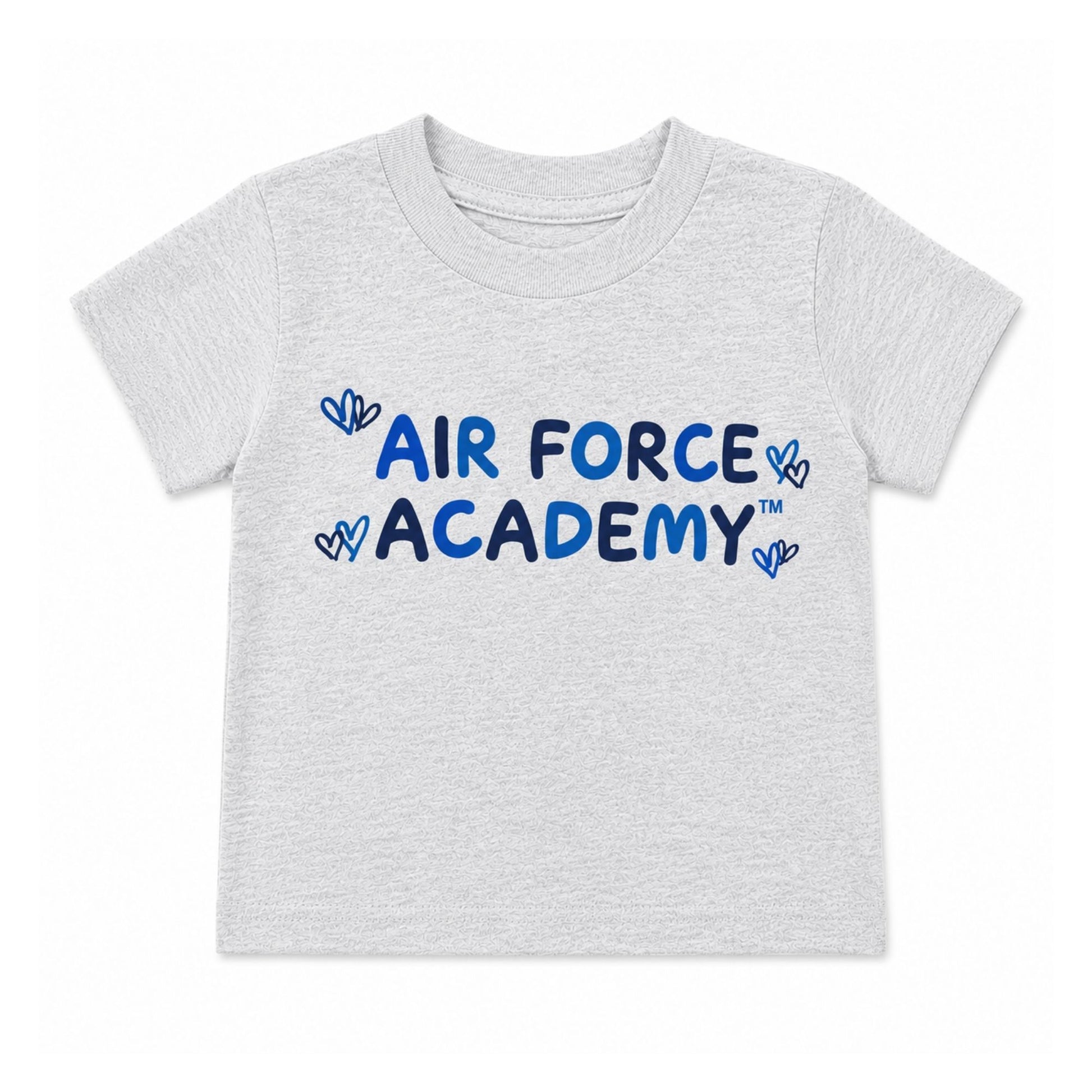 Toddler Air Force Academy Hearts Tee in light heather gray featuring a playful blue Air Force Academy graphic with heart accents.