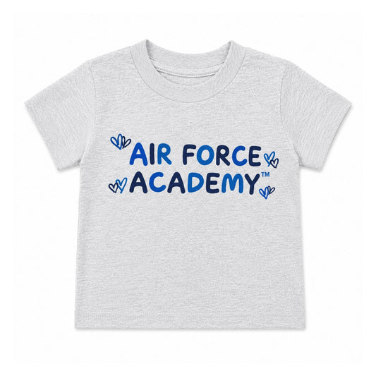 Toddler Air Force Academy Hearts Tee in light heather gray featuring a playful blue Air Force Academy graphic with heart accents.
