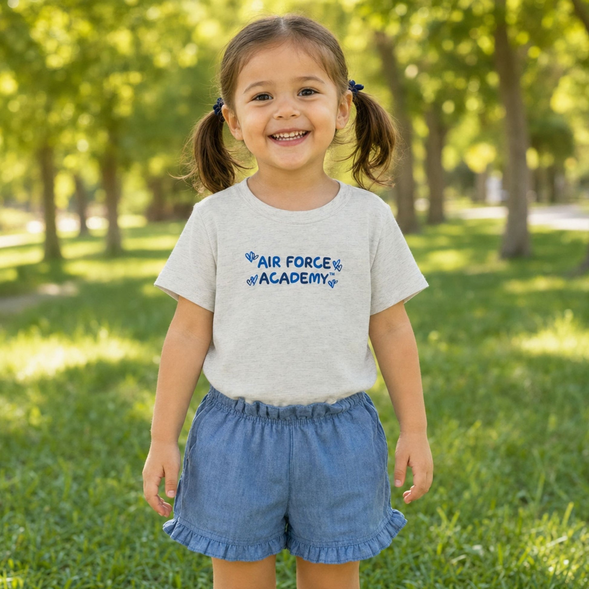 Toddler Air Force Academy Hearts Tee in light heather gray featuring a playful blue Air Force Academy graphic with heart accents.