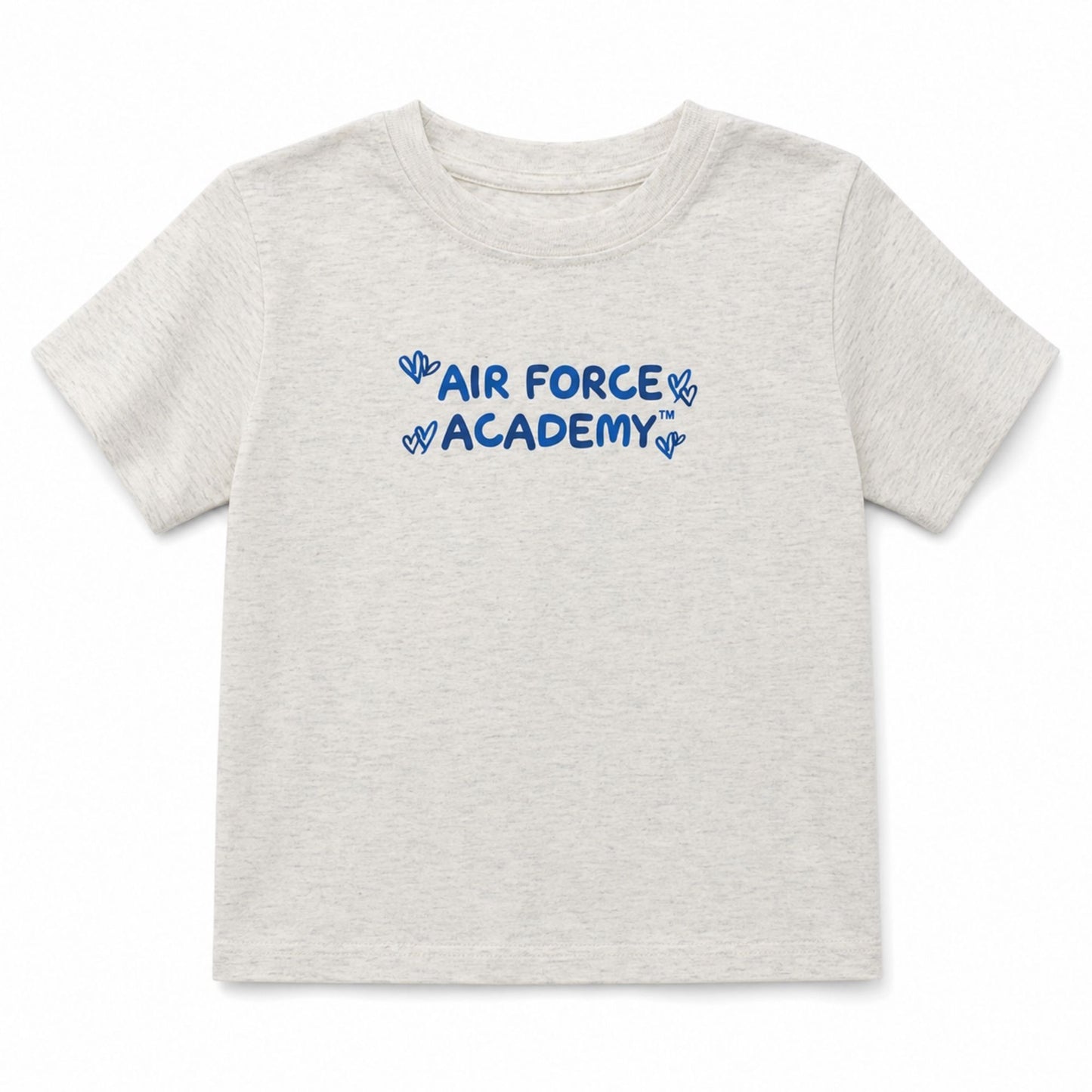 Toddler Air Force Academy Hearts Tee in light heather gray featuring a playful blue Air Force Academy graphic with heart accents.
