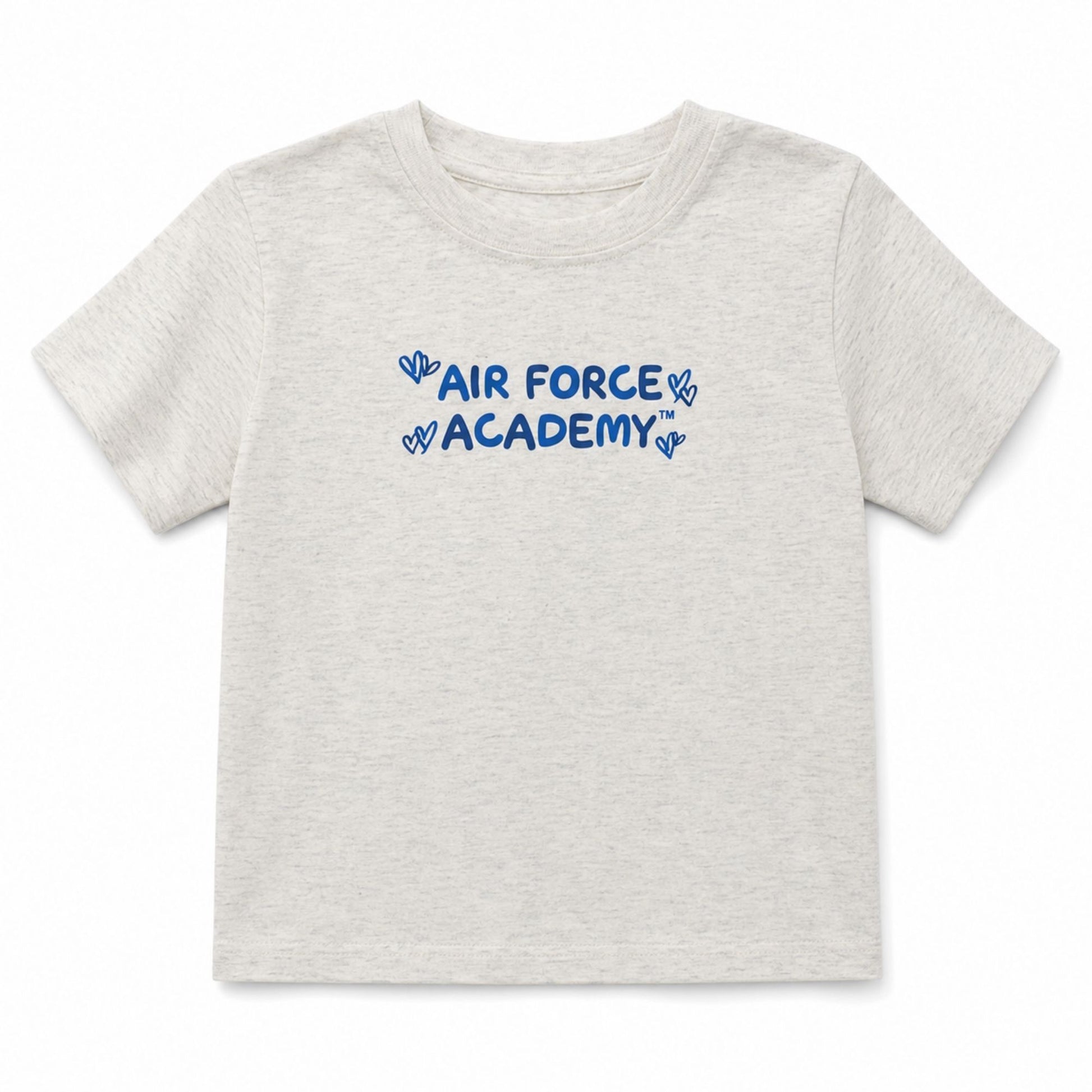 Toddler Air Force Academy Hearts Tee in light heather gray featuring a playful blue Air Force Academy graphic with heart accents.