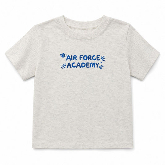 Toddler Air Force Academy Hearts Tee in light heather gray featuring a playful blue Air Force Academy graphic with heart accents.