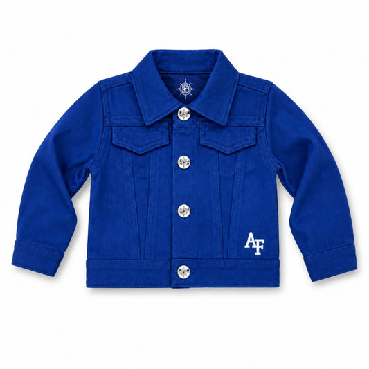 Toddler Air Force Denim Jacket in royal blue with snap front closure and embroidered AF logo