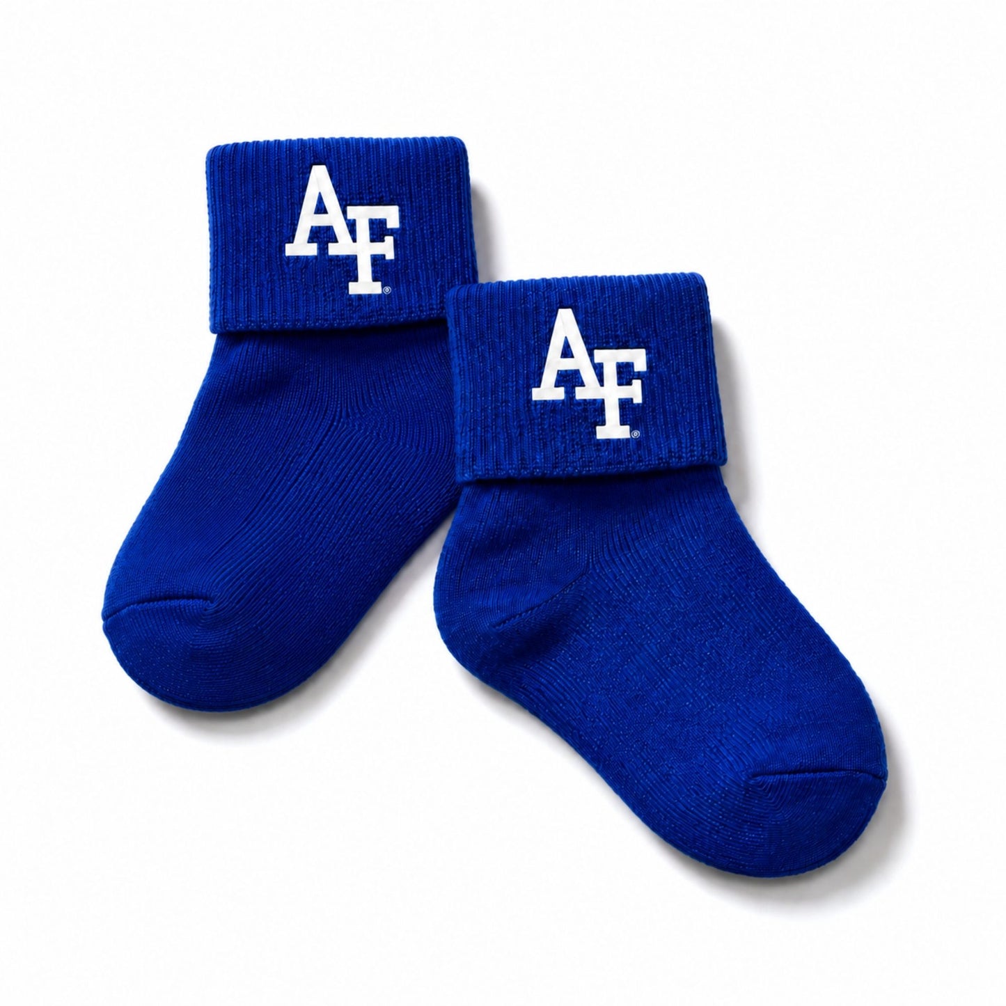 Royal blue toddler sock featuring a fold-over cuff with white AF logo