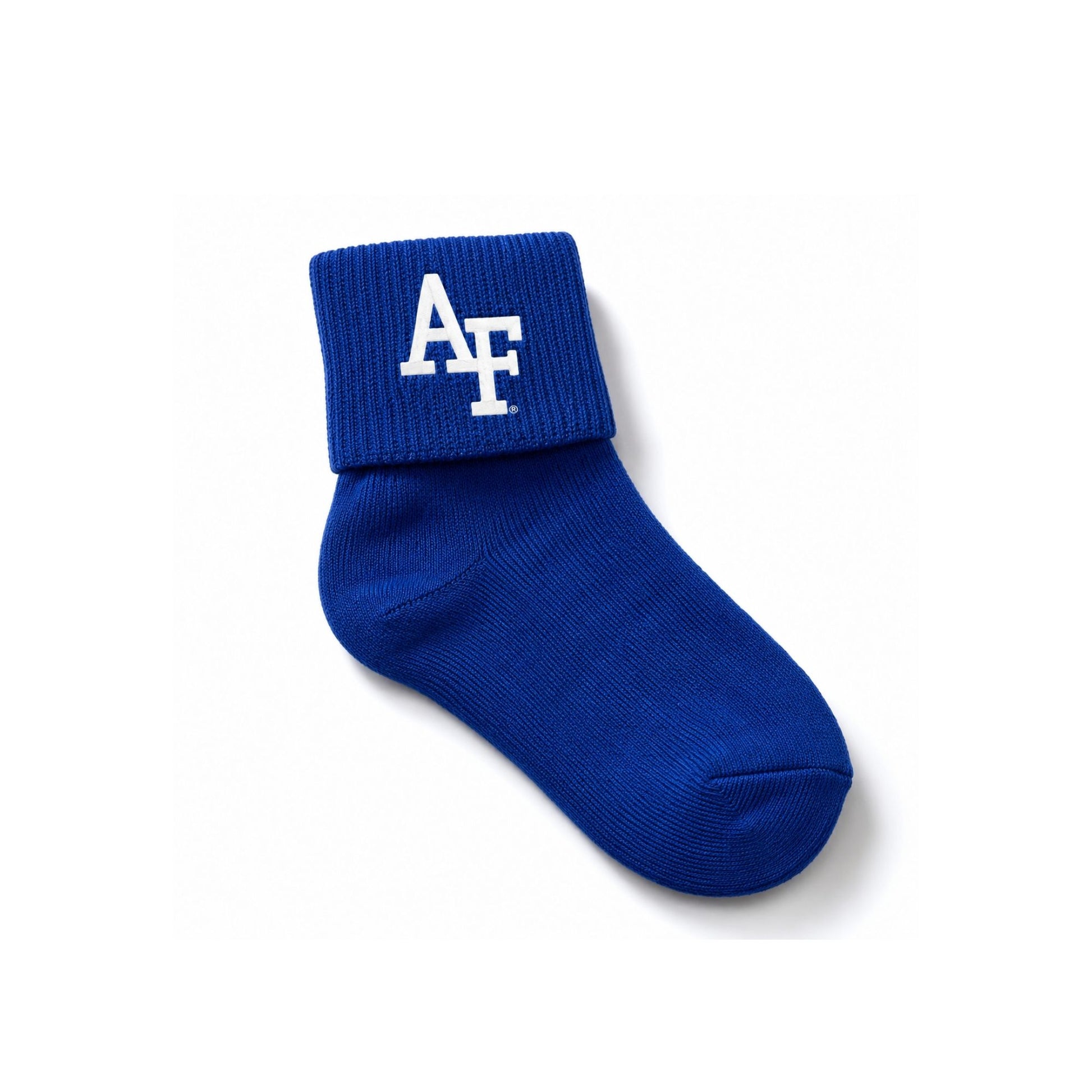 Royal blue toddler sock featuring a fold-over cuff with white AF logo