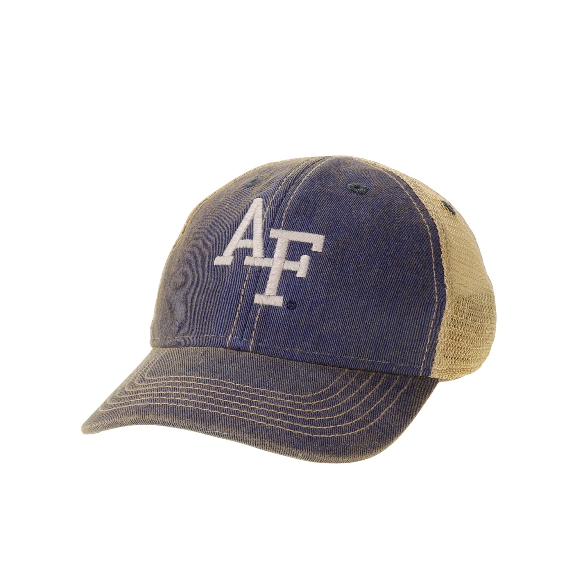 Toddler Air Force trucker hat with vintage washed front, mesh back, and embroidered AF logo