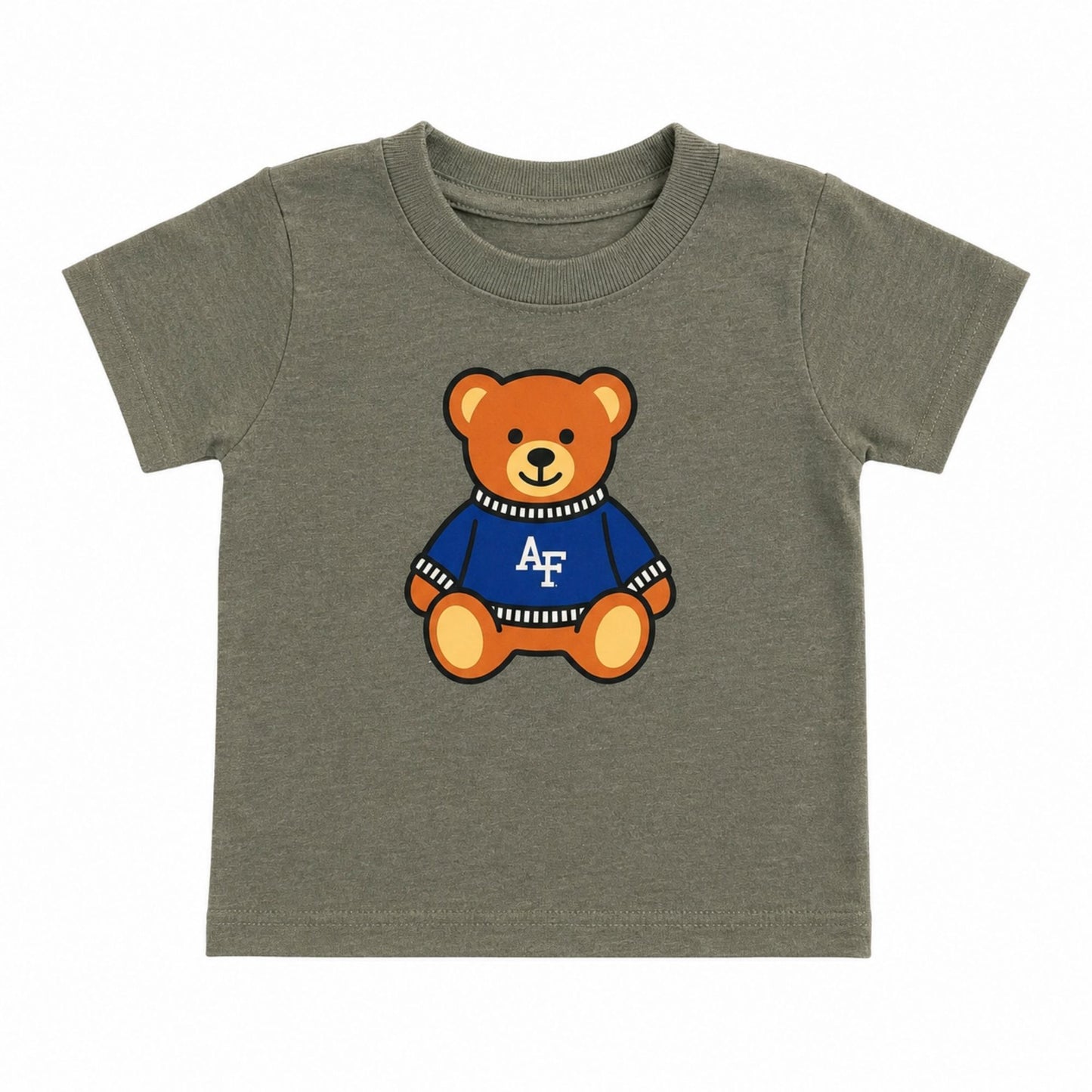 Toddler Teddy Bear Tee featuring a teddy bear wearing a blue AF sweater on a soft olive green toddler t-shirt.