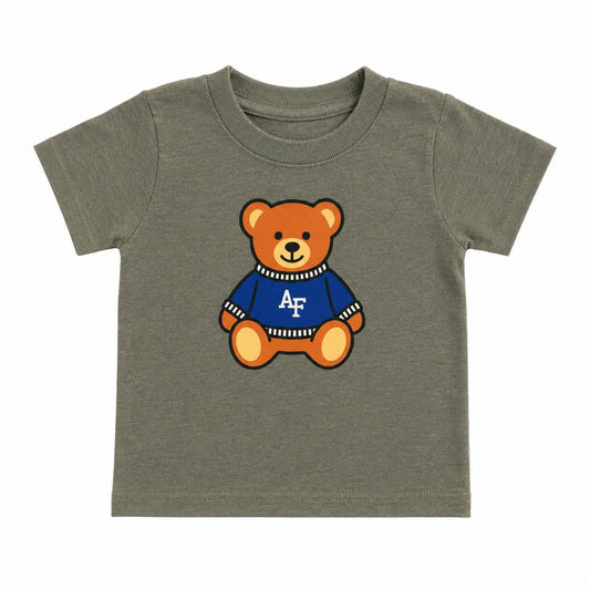 Toddler Teddy Bear Tee featuring a teddy bear wearing a blue AF sweater on a soft olive green toddler t-shirt.