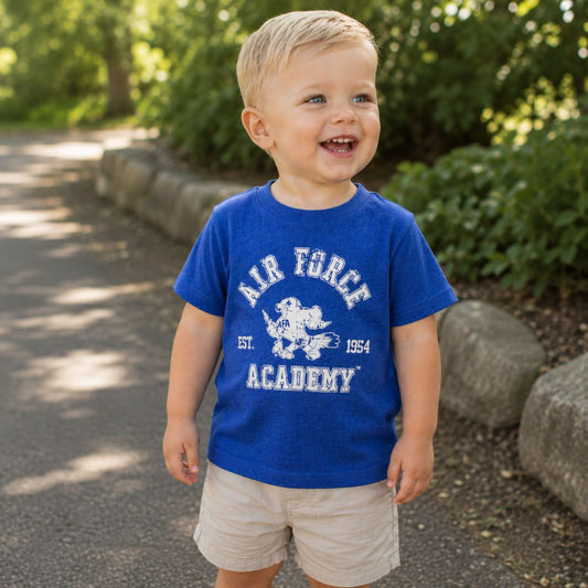 Toddler Vintage Spirit Falcon Tee in royal blue featuring a distressed Air Force Academy Falcon mascot graphic with Est. 1954 design.