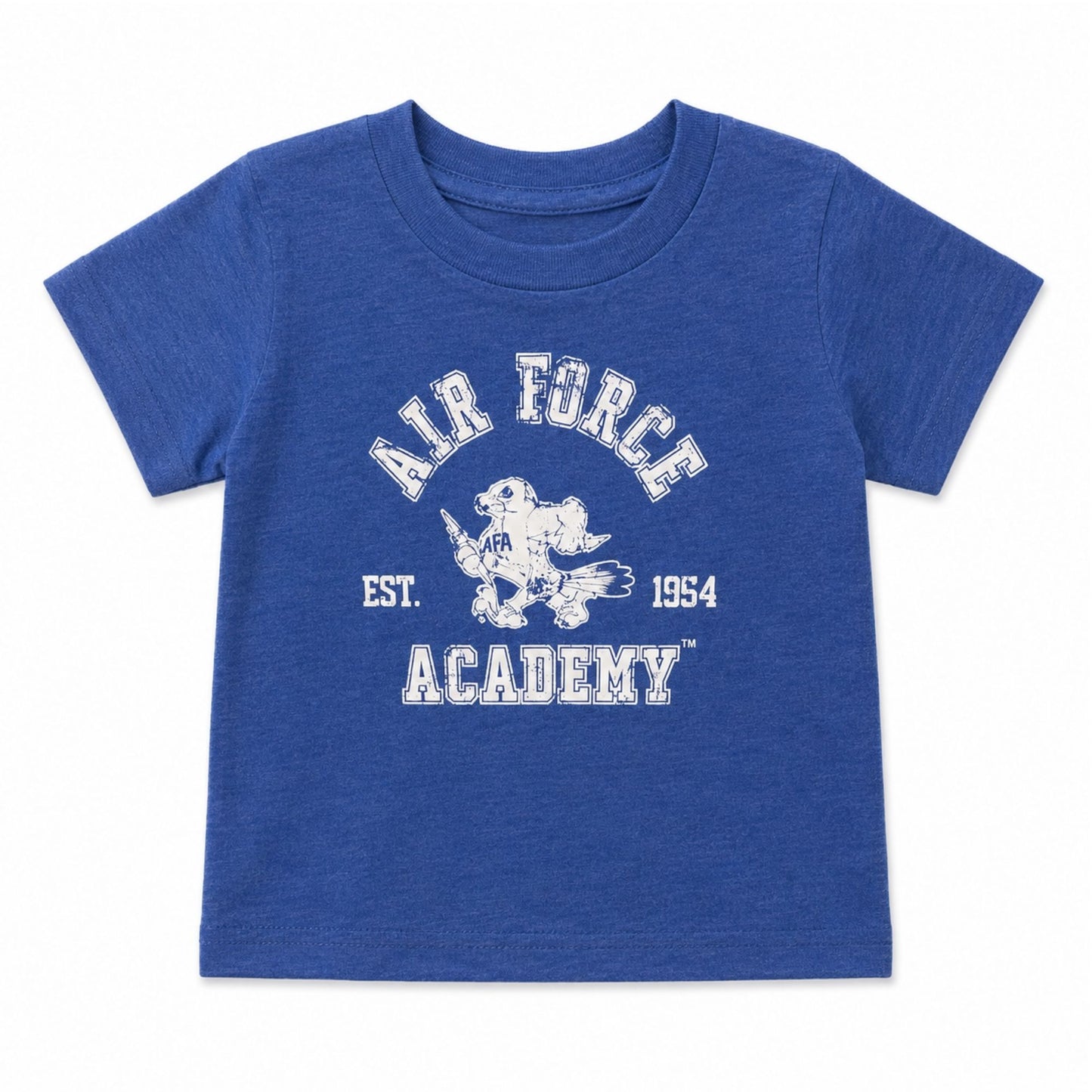 Toddler Vintage Spirit Falcon Tee in royal blue featuring a distressed Air Force Academy Falcon mascot graphic with Est. 1954 design.