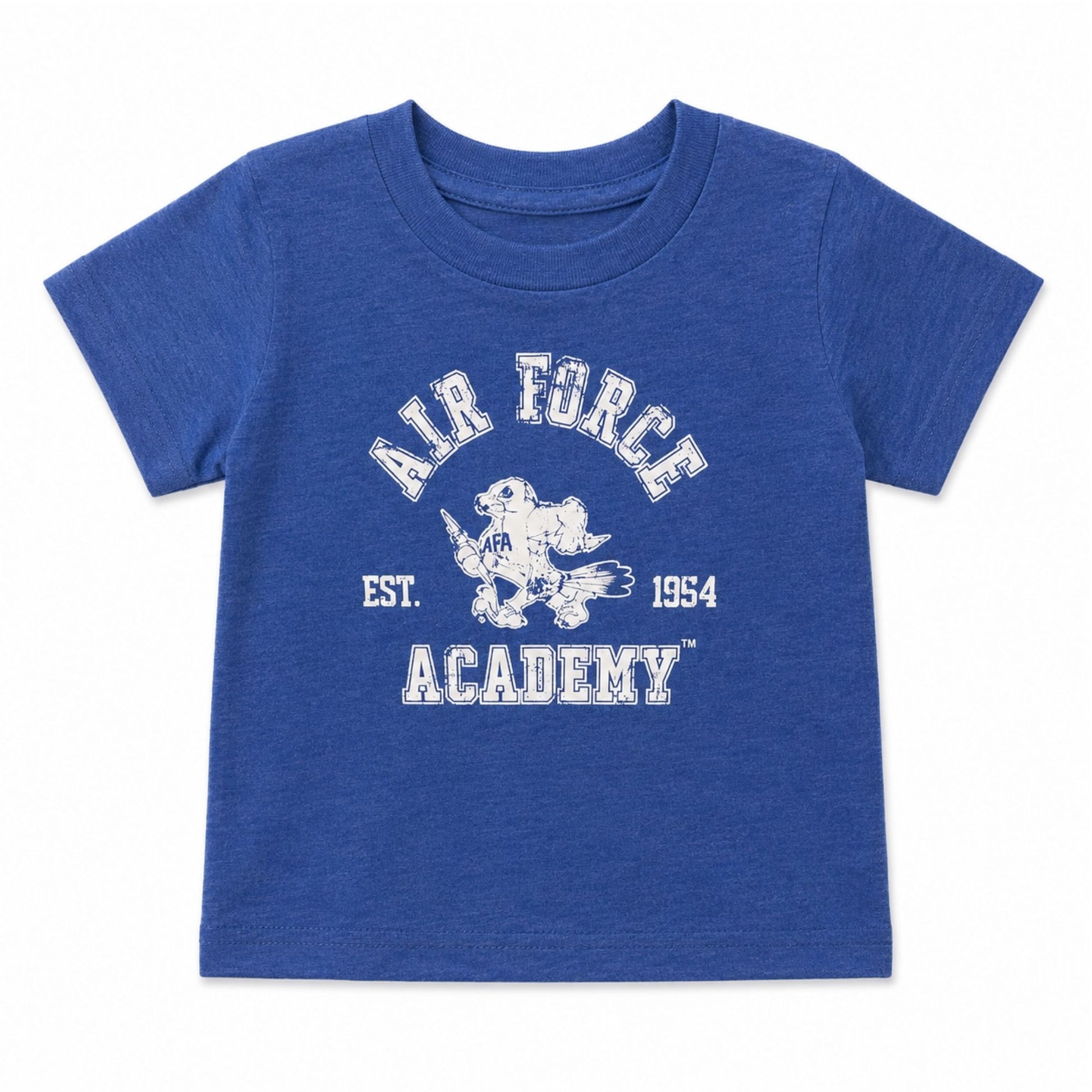 Toddler Vintage Spirit Falcon Tee in royal blue featuring a distressed Air Force Academy Falcon mascot graphic with Est. 1954 design.