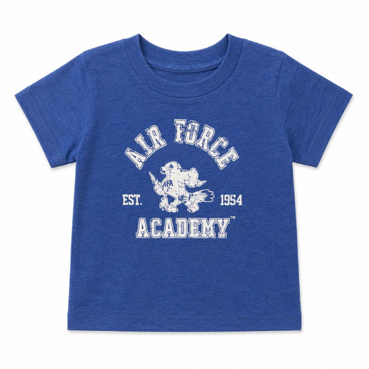 Toddler Vintage Spirit Falcon Tee in royal blue featuring a distressed Air Force Academy Falcon mascot graphic with Est. 1954 design.