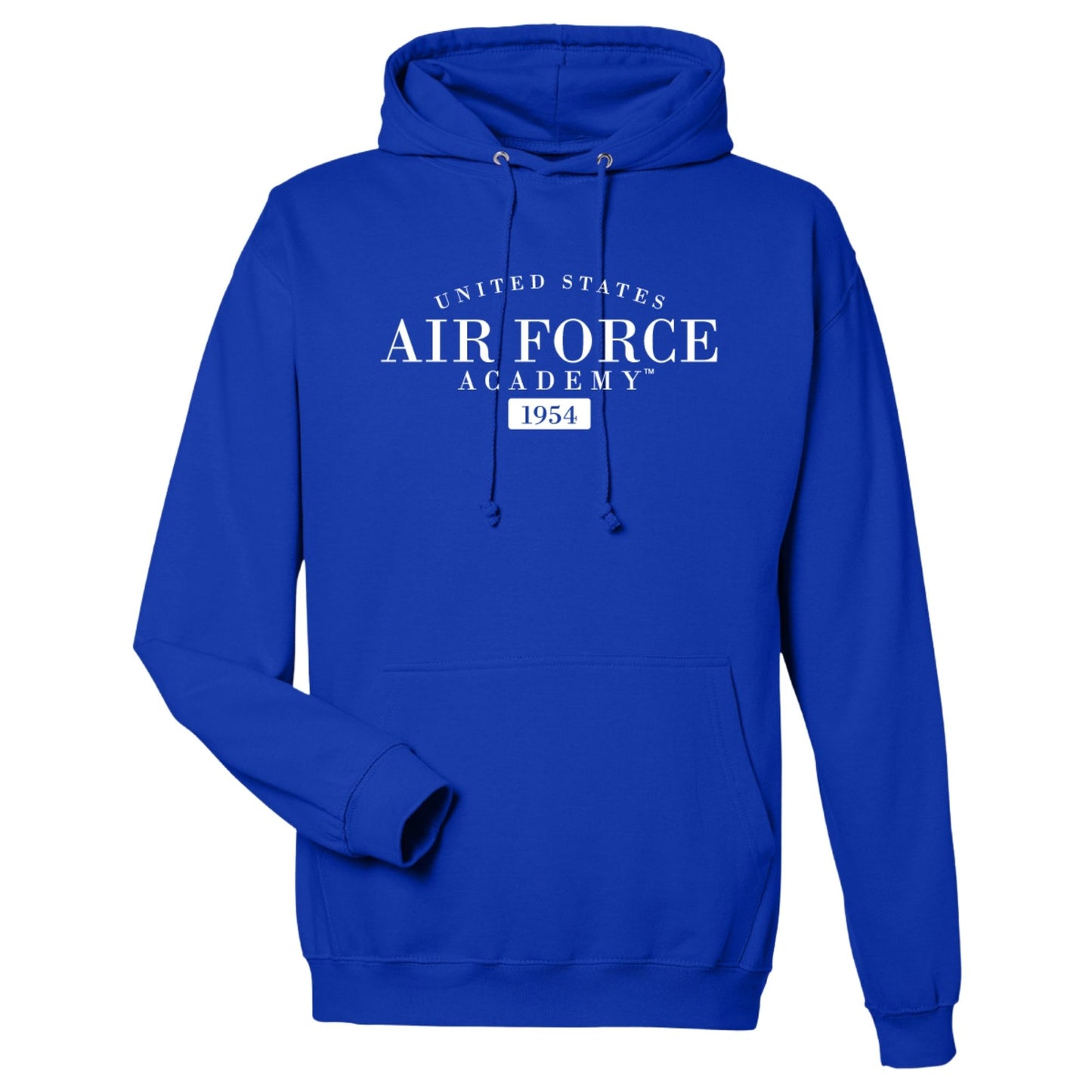 Royal blue United States Air Force Academy hoodie featuring white text and 1954 founding year on front