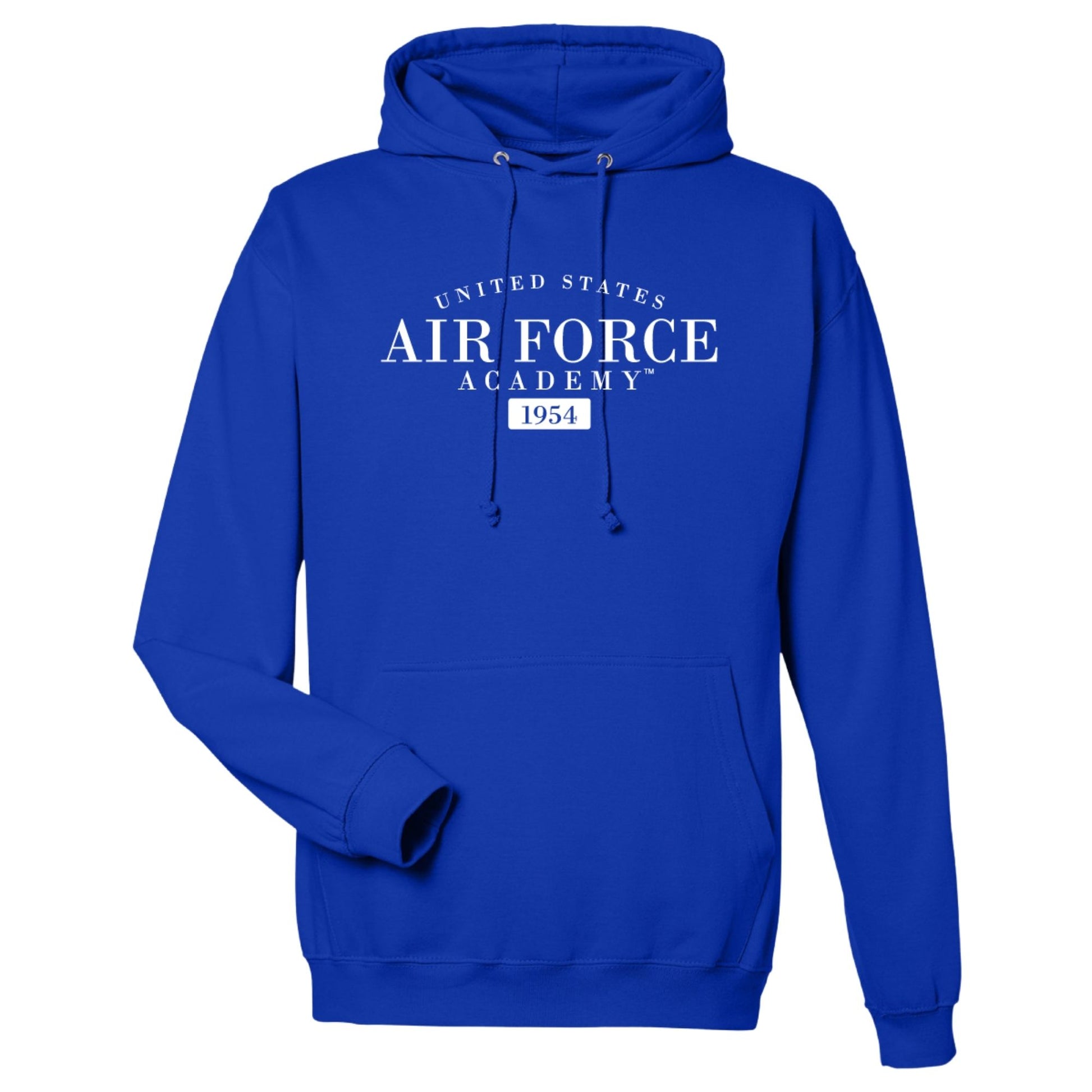 Royal blue United States Air Force Academy hoodie featuring white text and 1954 founding year on front