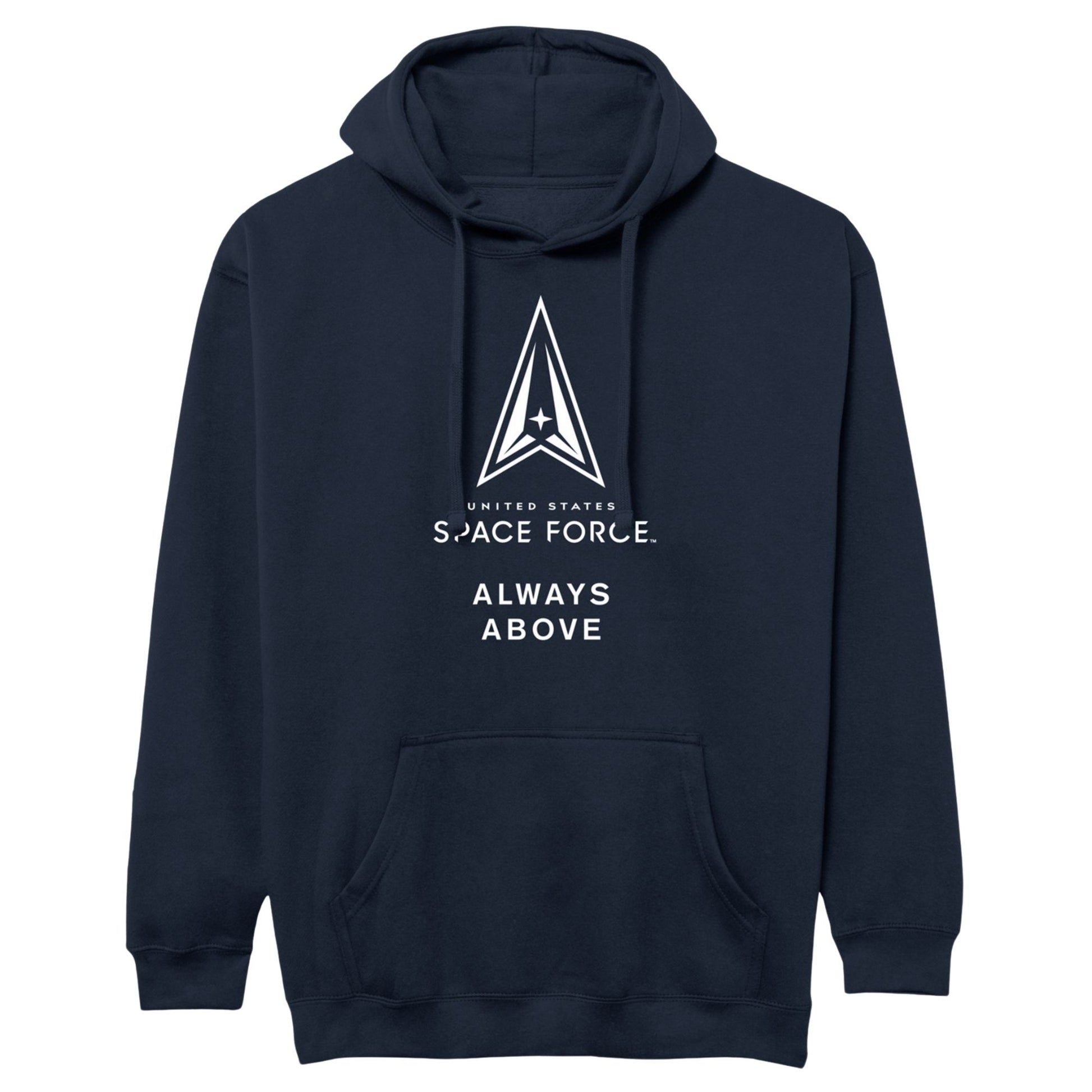 Navy United States Space Force hoodie featuring Space Force delta logo and “Always Above” text on front