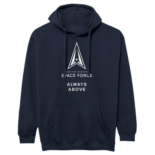 Navy United States Space Force hoodie featuring Space Force delta logo and “Always Above” text on front