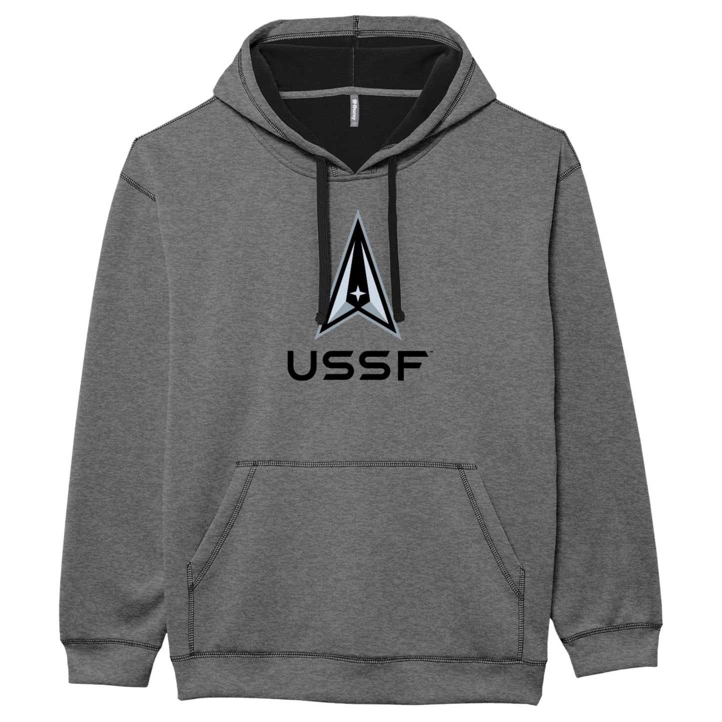 Heather gray United States Space Force hoodie featuring USSF text and Space Force delta logo on front