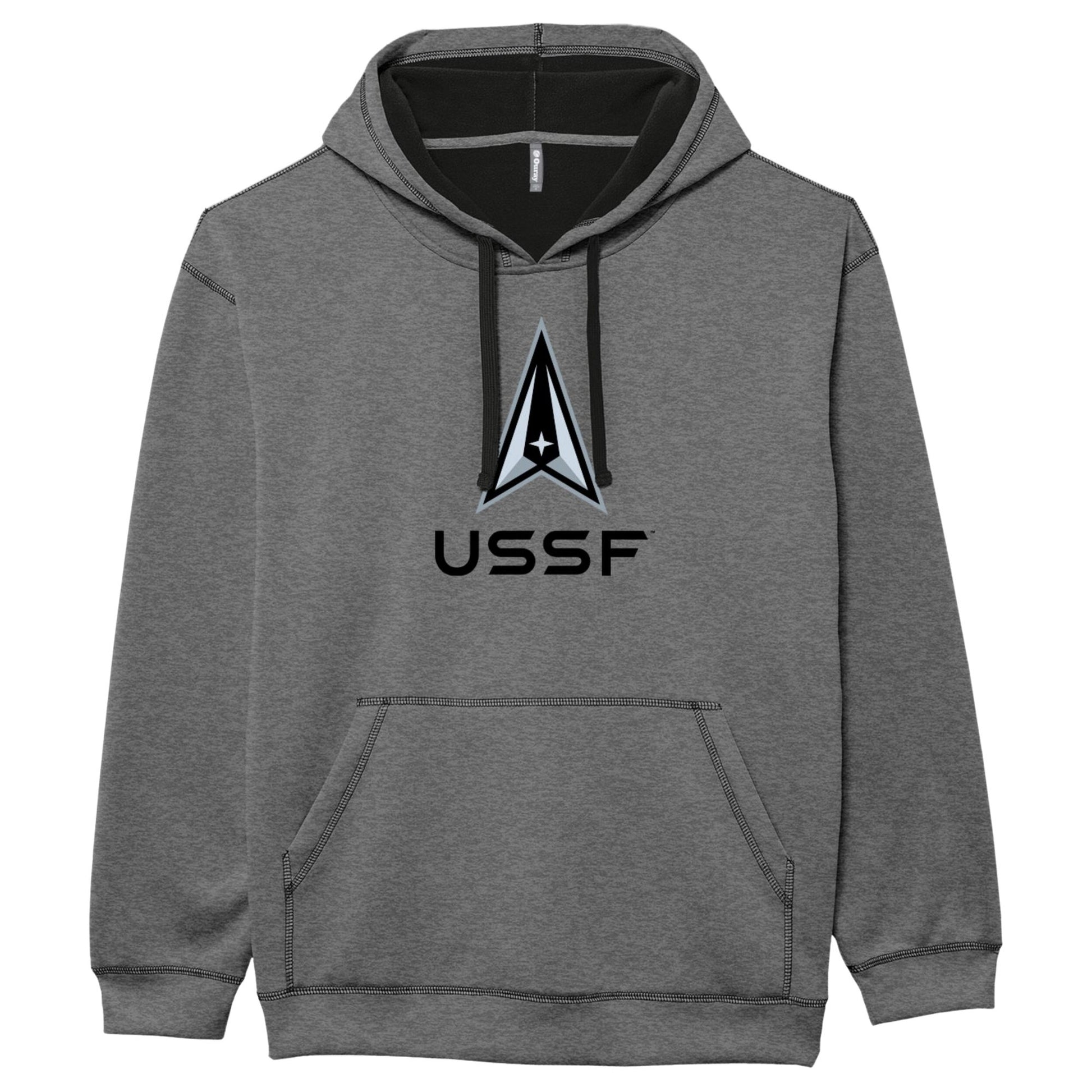 Heather gray United States Space Force hoodie featuring USSF text and Space Force delta logo on front