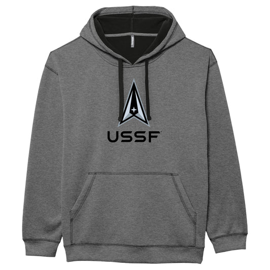 Heather gray United States Space Force hoodie featuring USSF text and Space Force delta logo on front