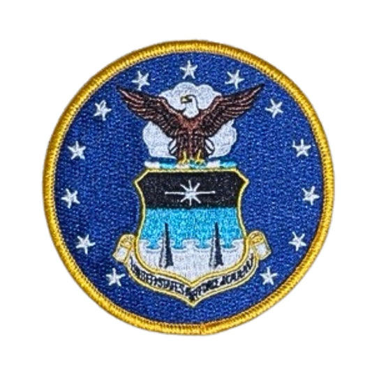 U.S. Air Force Academy Coat of Arms round embroidered patch with eagle crest and stars, 3.5 inch sew-on patch