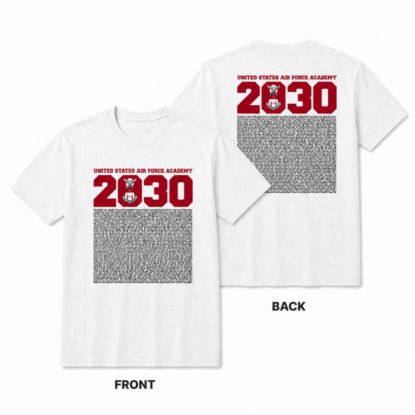Front and back views of the white USAFA Class of 2030 Cadet Name Tee