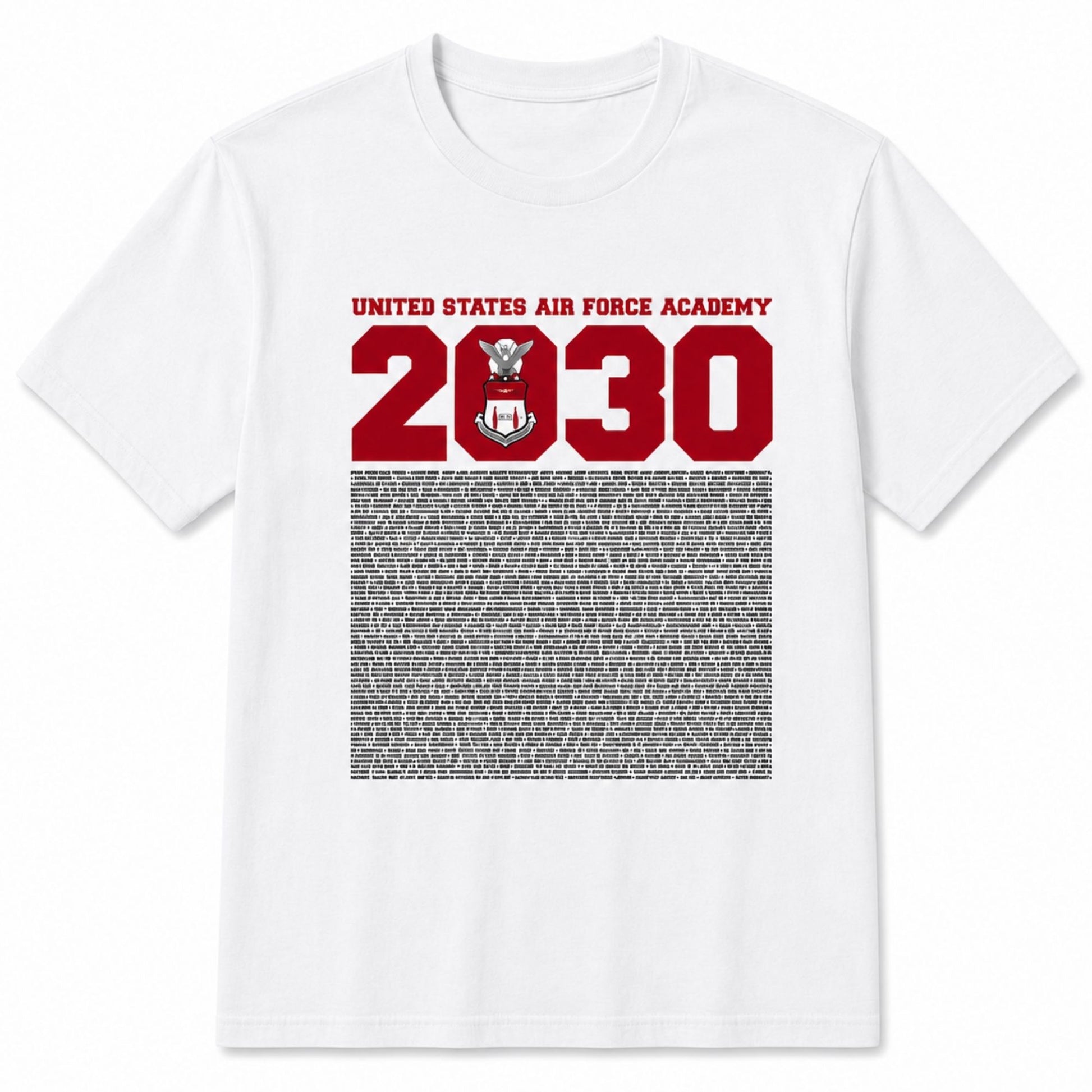 Front view of the white USAFA Class of 2030 Cadet Name Tee with crest and cadet roster
