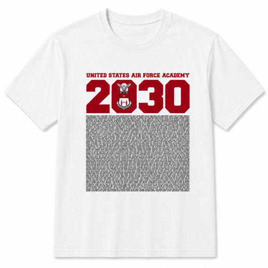 Front view of the white USAFA Class of 2030 Cadet Name Tee with crest and cadet roster