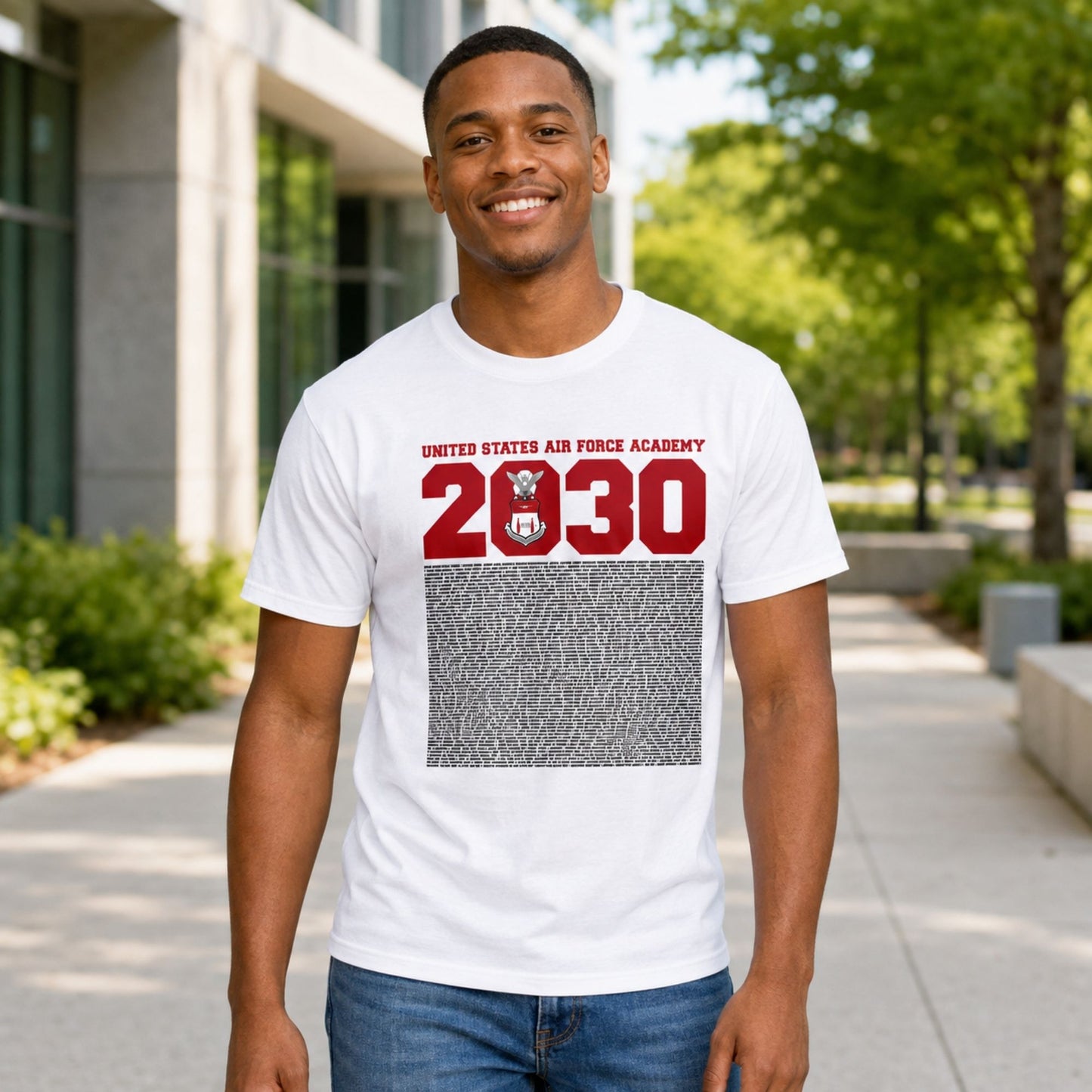 male model wearing the white USAFA Class of 2030 Cadet Name Tee outdoors
