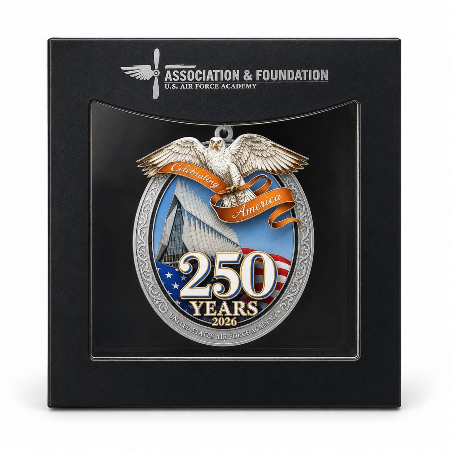 2026 USAFA 250 Years Celebrating America commemorative ornament displayed in premium blue gift box
