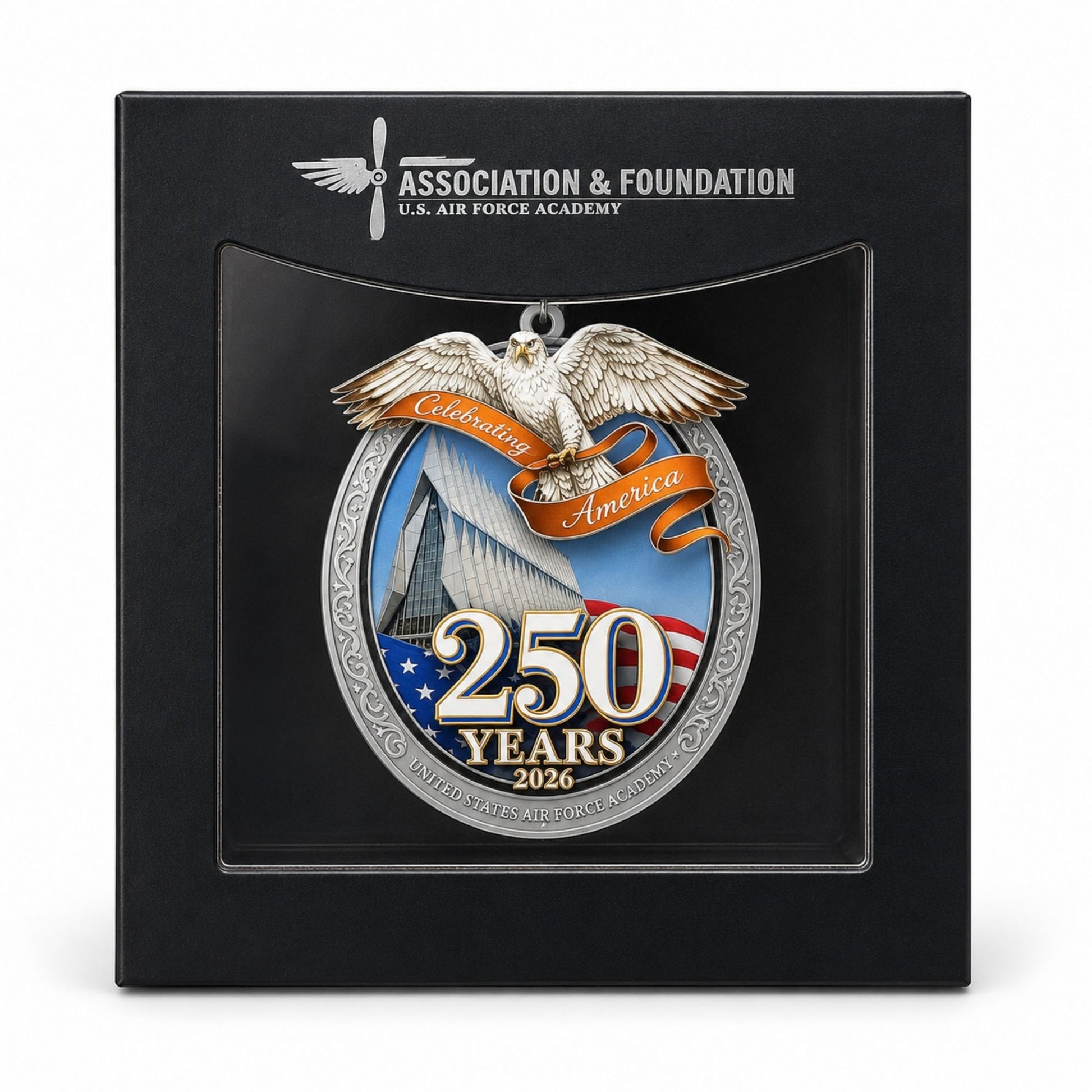 2026 USAFA 250 Years Celebrating America commemorative ornament displayed in premium blue gift box