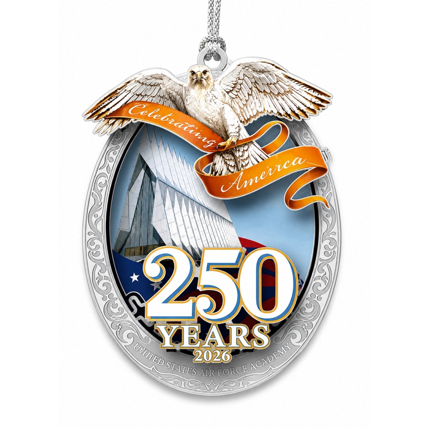 2026 USAFA 250 Years Celebrating America commemorative ornament displayed in premium blue gift box