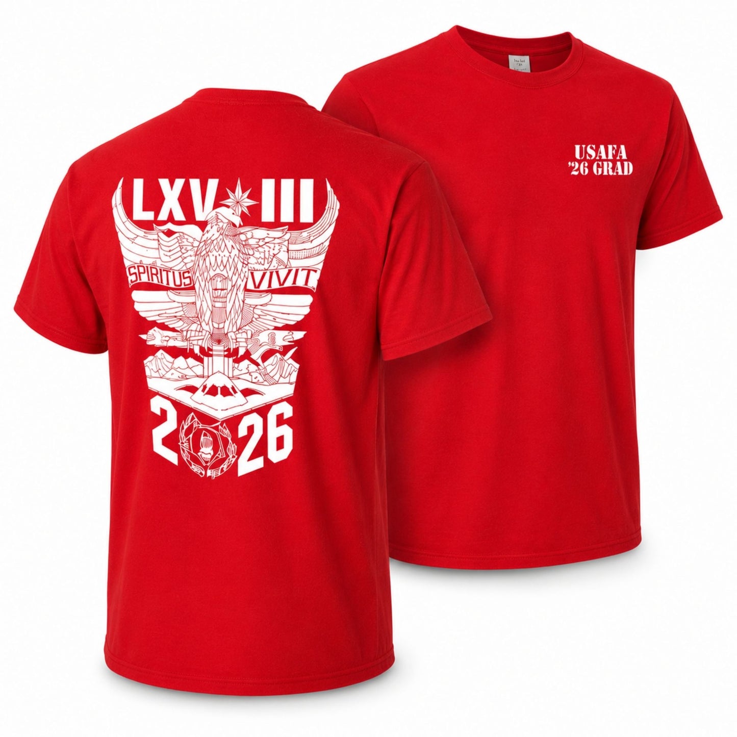 Red USAFA Class of 2026 graduation T-shirt featuring crest back graphic and front chest detail on white background