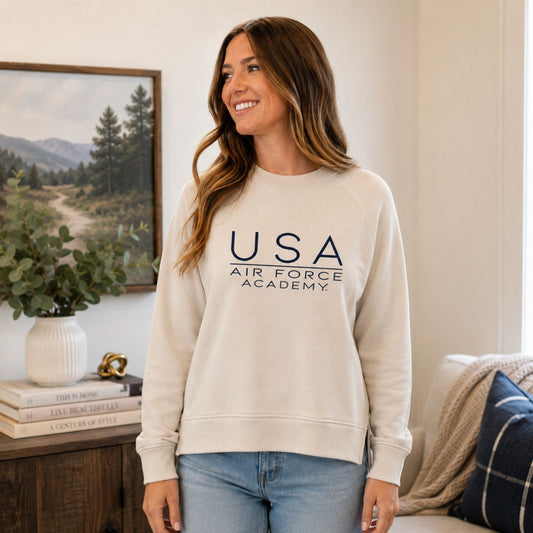 USAFA All-American Terry Crewneck in cream with raglan sleeves and relaxed fit