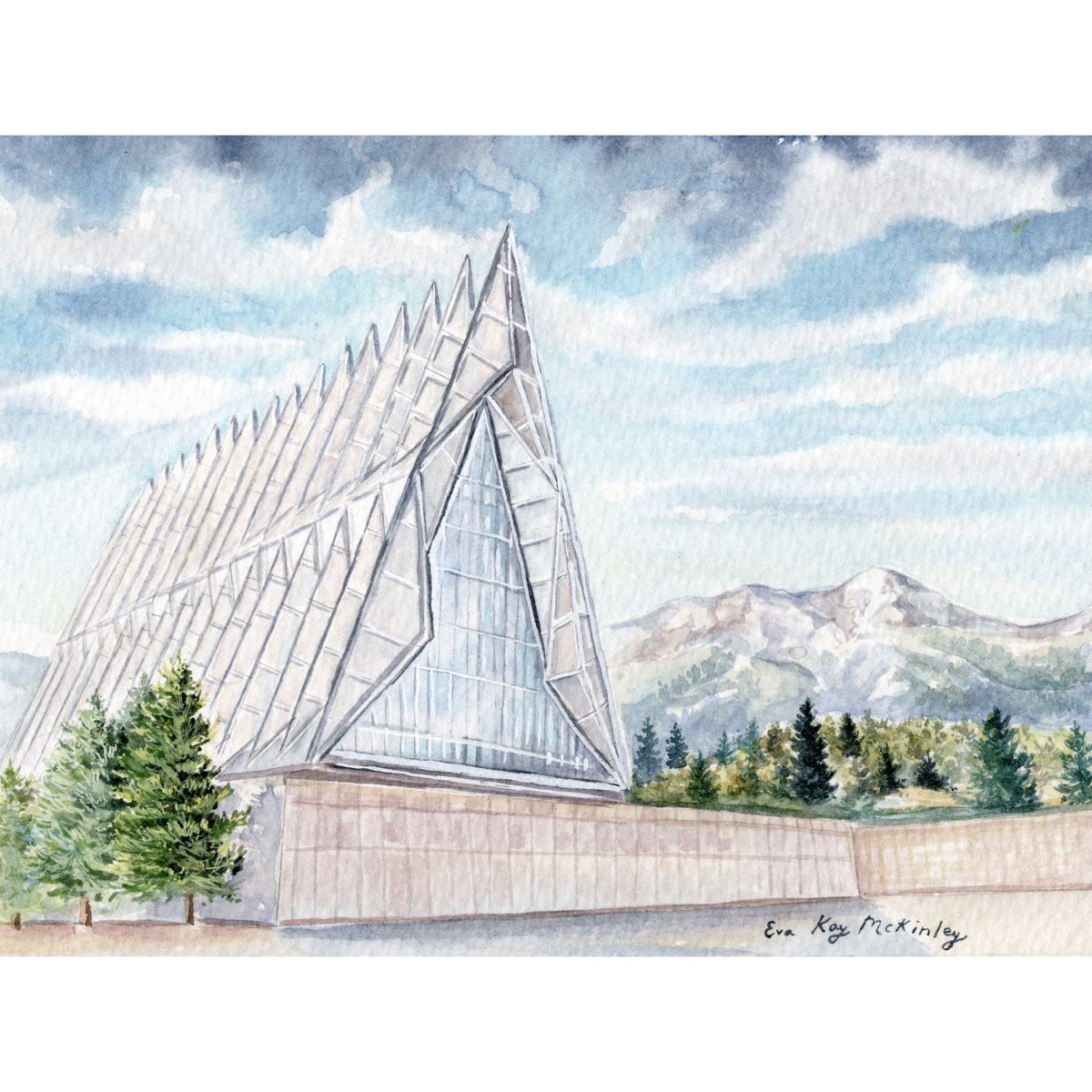 Watercolor painting of the USAFA Cadet Chapel and surrounding Rocky Mountain landscape.