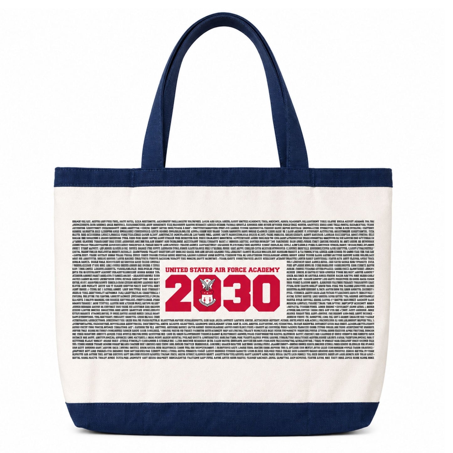 United States Air Force Academy Class of 2030 canvas tote with navy handles and trim.