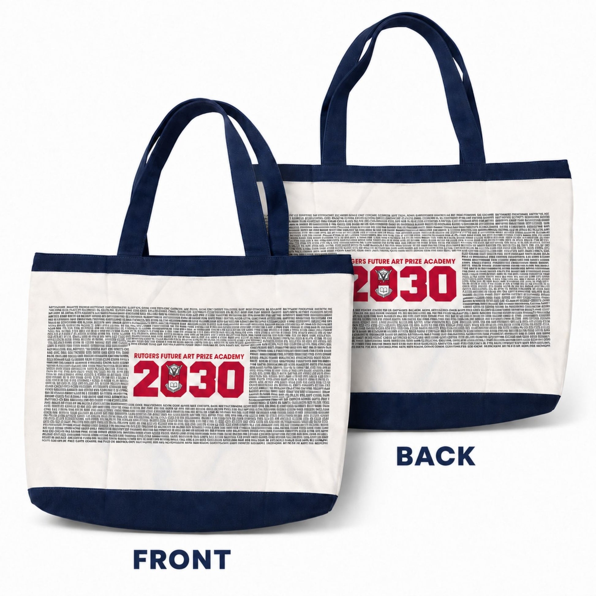Front and back views of the United States Air Force Academy Class of 2030 canvas tote with navy trim.