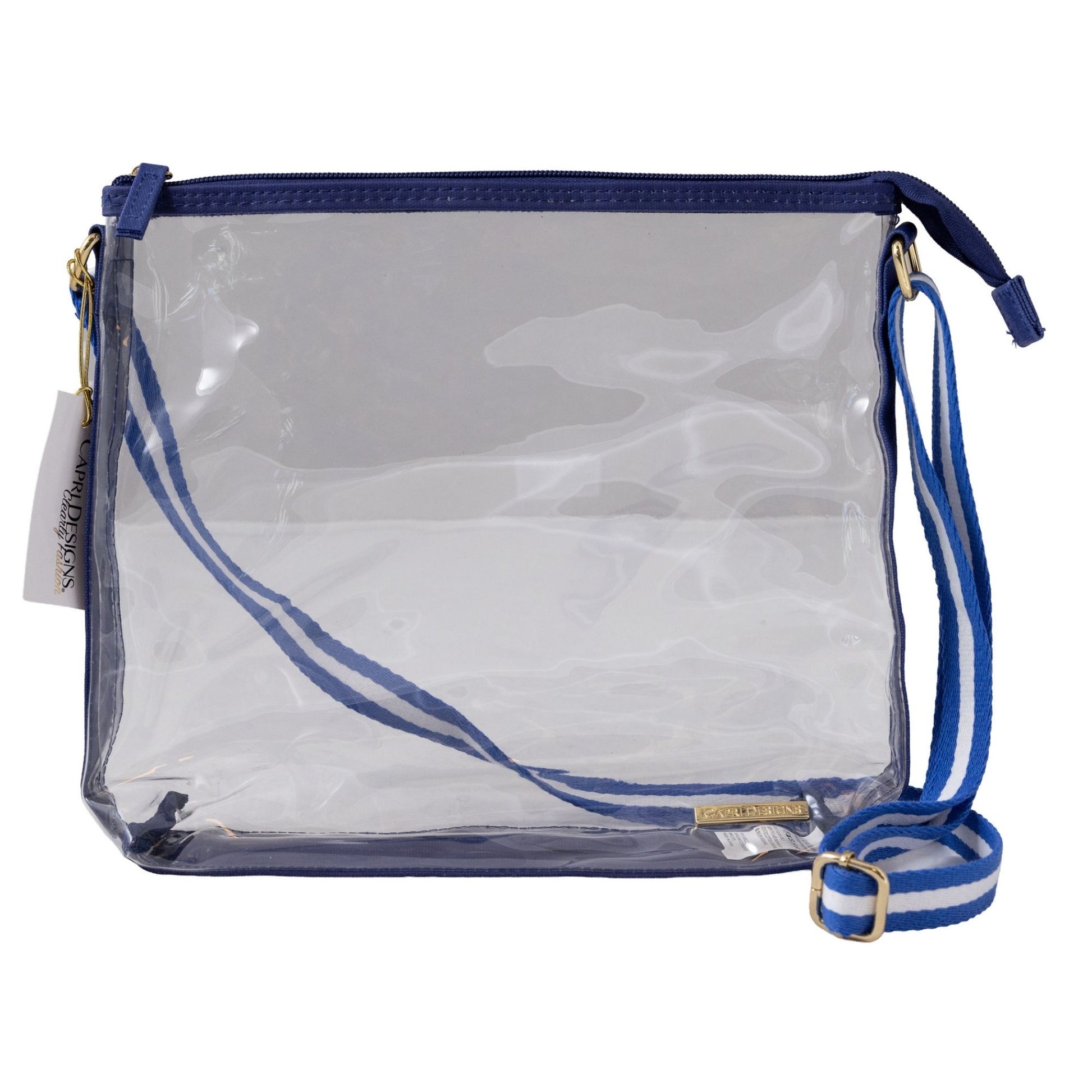 Clear USAFA essentials crossbody bag with navy trim and adjustable shoulder strap