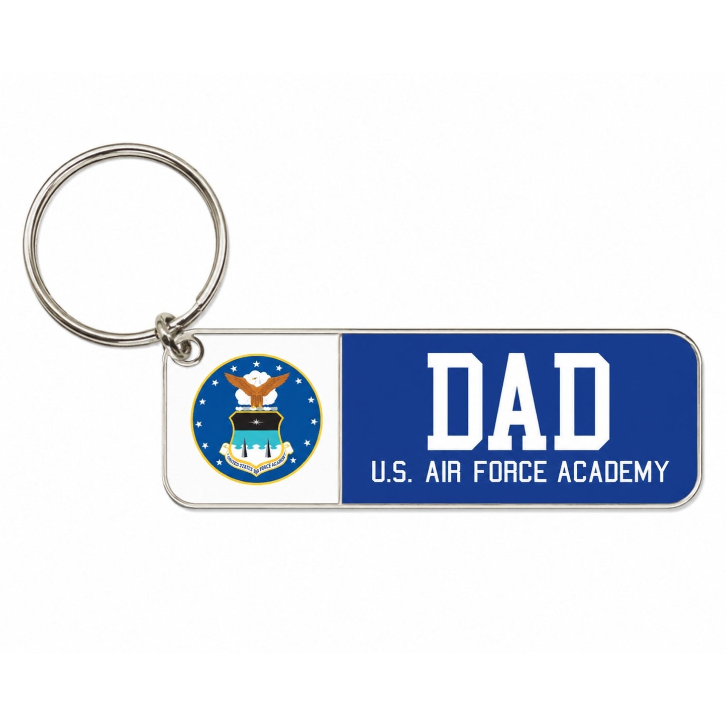 USAFA Crest Dad Keychain with blue enamel Air Force Academy design and brass key ring on white background