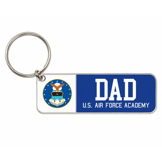 USAFA Crest Dad Keychain with blue enamel Air Force Academy design and brass key ring on white background