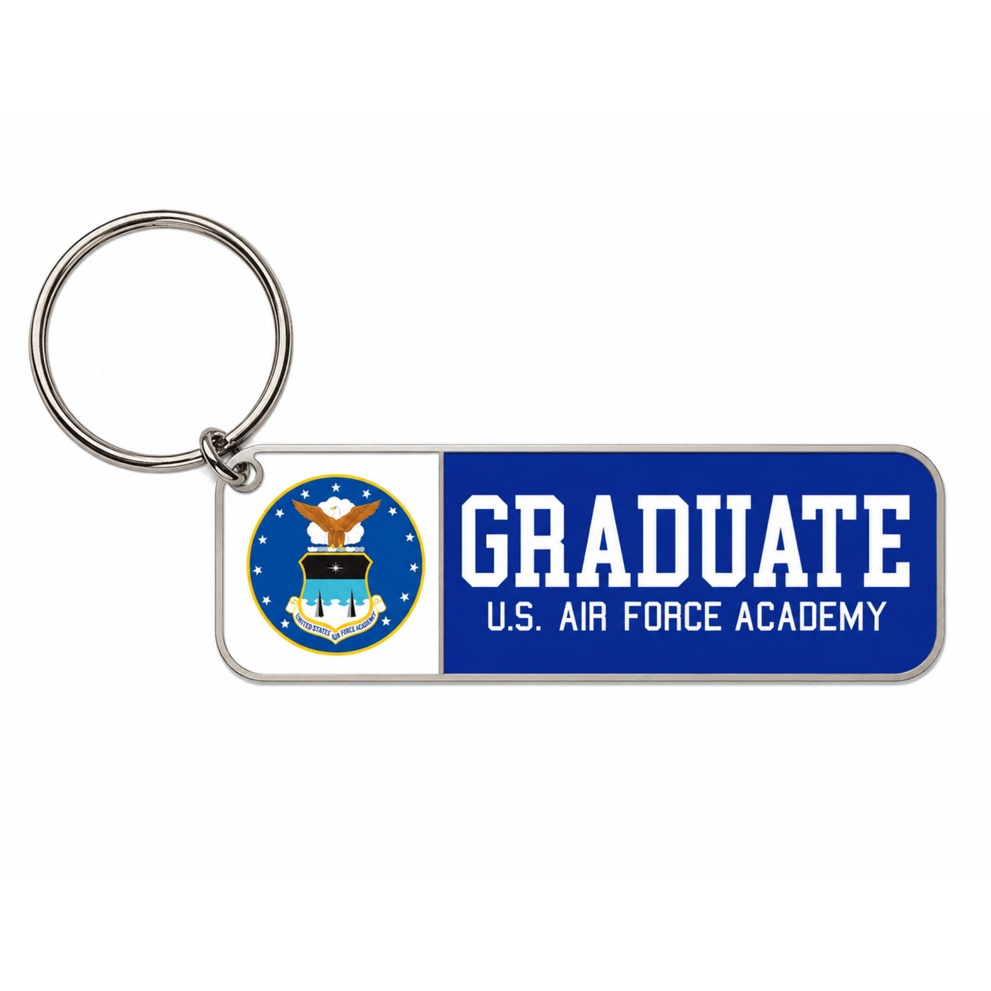 USAFA Crest Graduate Keychain with blue enamel Air Force Academy graduate design and brass key ring on white background