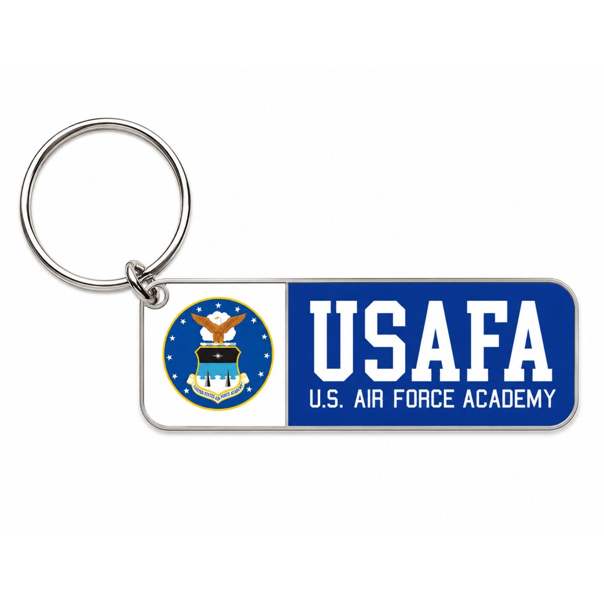 USAFA Crest Keychain with blue enamel Air Force Academy design and brass key ring on white background
